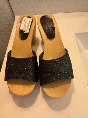 Paruolo Black Glitter Platform Clog Mule with Wooden Block Heel - Women